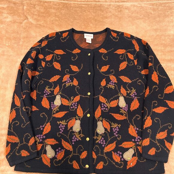 Crystal Kobe Vintage Grapes, Leaves, Pears Fall Cardigan Women's Size Large - Picture 1 of 7